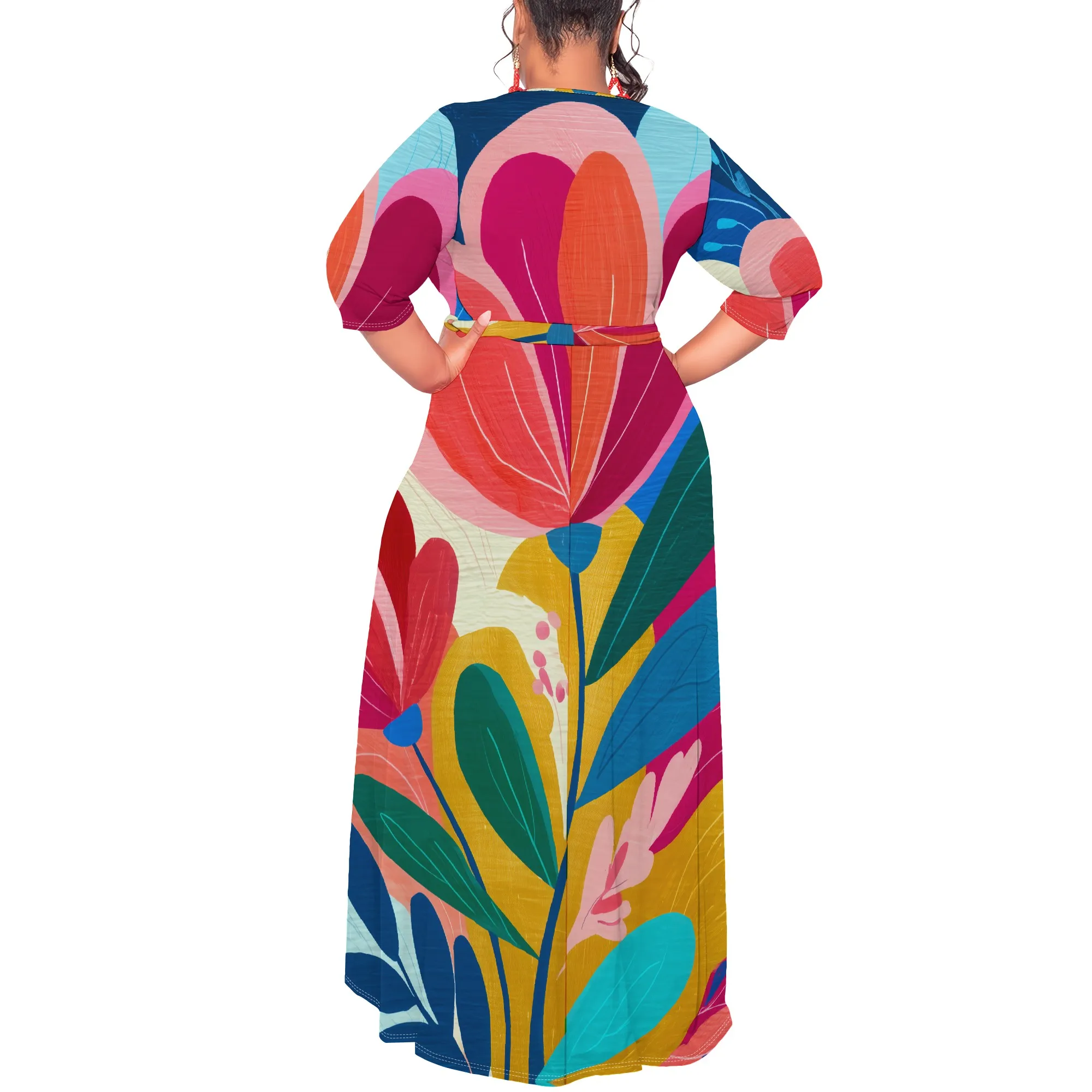 Colorful Floral Wrap Dress XL-6XL V-Neck 3/4 Sleeve Belted Maxi Style for Art Festival, Garden Party or Pride Celebration Look