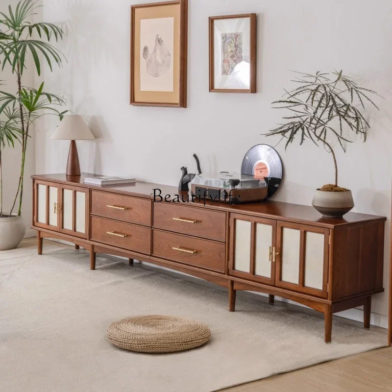 

yj9 Living room medieval solid wood long TV cabinet retro teak light strip locker