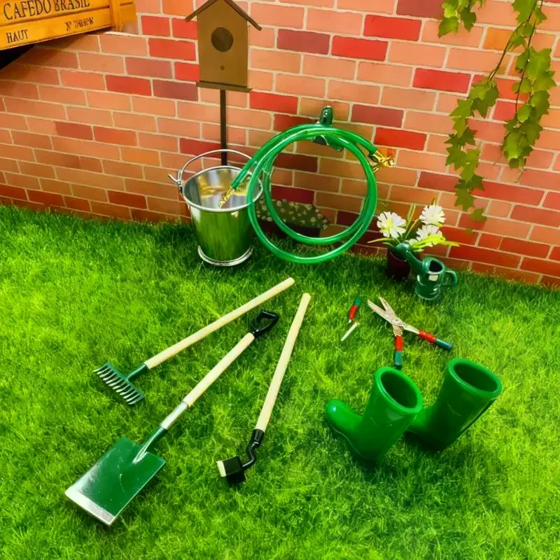 1 conjunto de simulação casa de bonecas em miniatura pá enxada forcado e ferramenta de reparo de tubulação de água jogar acessórios de jardim de fadas ferramentas agrícolas