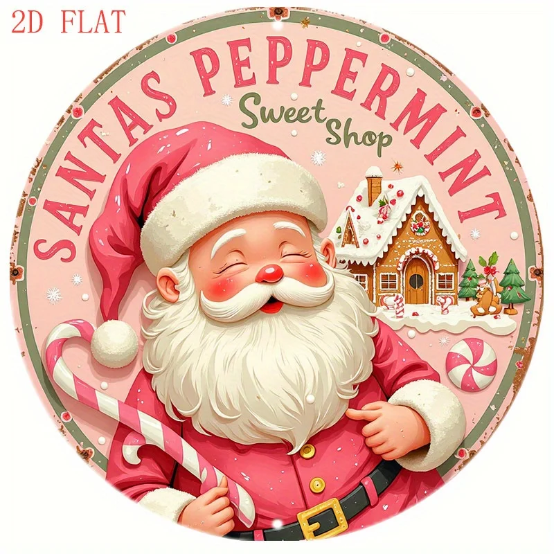 2D Flat Printing 1pc Santa Claus Mint Candy Shop Round Wooden Wall Decor - Christmas Ornament with Cane Candy And Gingerbread Ho