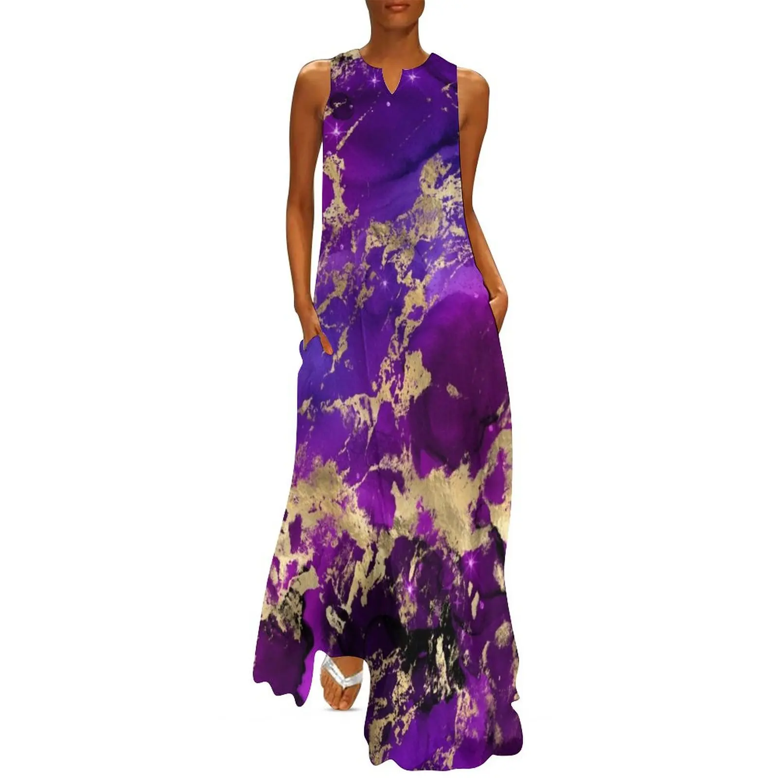 Marble Galaxy in Royal Purple and Gold Splash Long Dress Casual dresses Clothing Dress