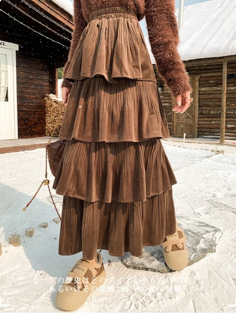 

SMTHMA корейская бархатная юбка для женщин осень/зима 2025 новая тонкая талия с высокой талией, закрывающая бедра, плиссированная юбка-торт