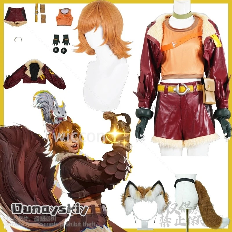

Anime Game Rivals Cosplay Squirrel Girl Costume Red PU Coat Shorts Furry Earwear Tail Cute Lovely Uniform Wigs Kawaii Customized