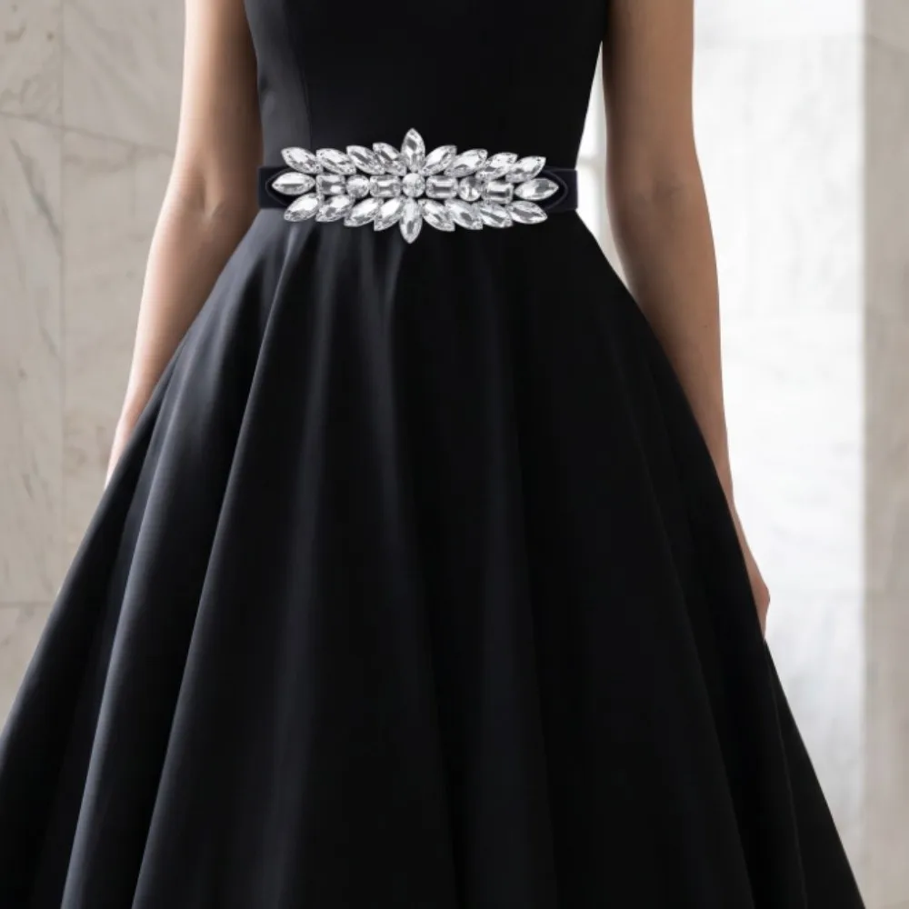 Shiny Crystal Stretch Waist Belt Rhinestone Large-Grain Elastic Waist Belt Exaggerated Ornate Style Sparkly Waist Cincher Dress
