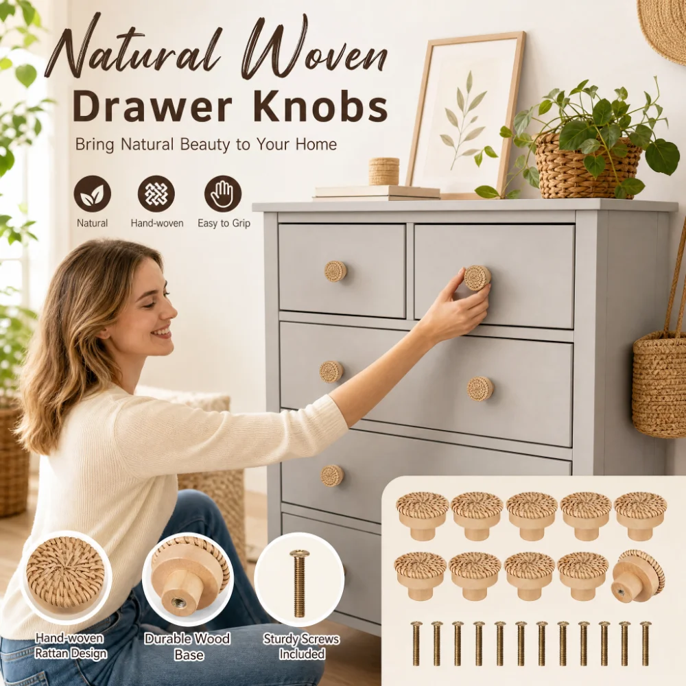 12pcs Bohemian Rattan Dresser Knobs, Round Wooden Drawer Knobs With Handmade Wicker Weave And Screws For Furniture, Cabinets, Dr
