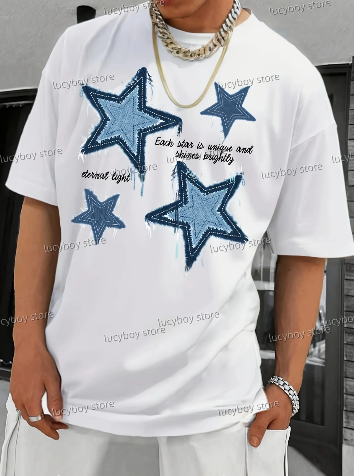 

2025 men blue strars Print Female Summer Basic Short Sleeve O-Neck Tees Y2K Retro men Sport Plus Size men Clothing
