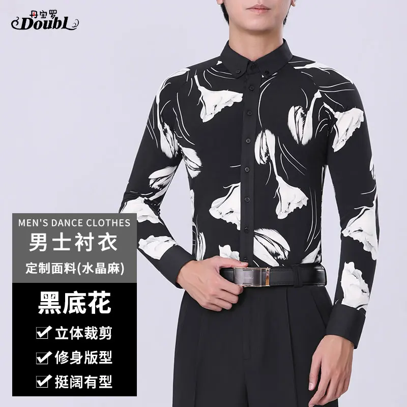 Doubl Men\'s High-end Moden Top Ballroom Shirt Long Sleeve Waltz Dance Dress Latin Dance Competition top dancewear latest designs