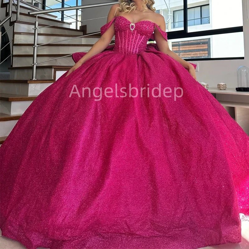 

Angelsbride Rose Red Ball Gown Quinceanera Dresses Vestidos De 15 Quinceañera Glitter Tulle Sequined Princess Girl Party Dress