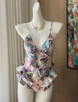 Sexy swimsuit resort hot spring small chest hollow-out deep V flounce print Siamese gathered senior backless woman