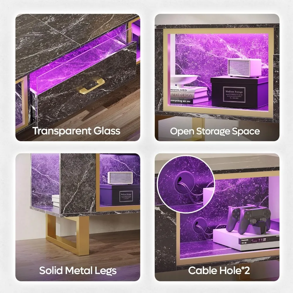 مركز ترفيهي حديث لأجهزة التلفاز مقاس 65-90 بوصة، وحامل تلفزيون LED مع مساحة تخزين ودرج مفتوح، مثالي لألعاب PS5