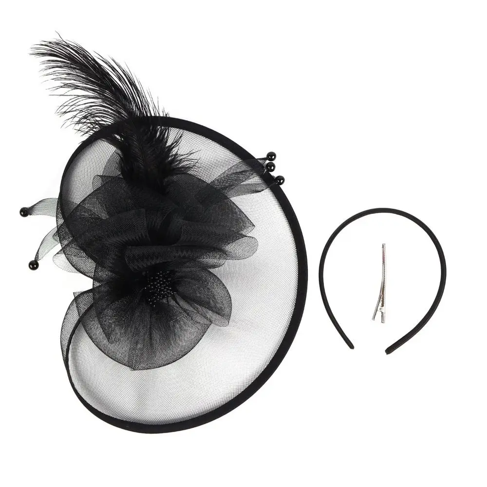 

Retro Exquisite Mesh Feather Headband Elegant Pearl Bride Headdress Top Hat Hair Band Vintage Fascinator Hat Wedding