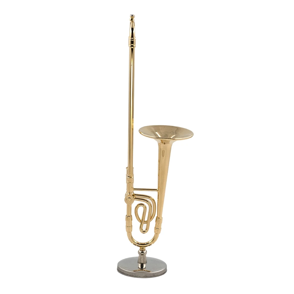 12cm Miniature Pure Copper Trombone Model with Support Mini Musical Instrument Model with Black Leather Box