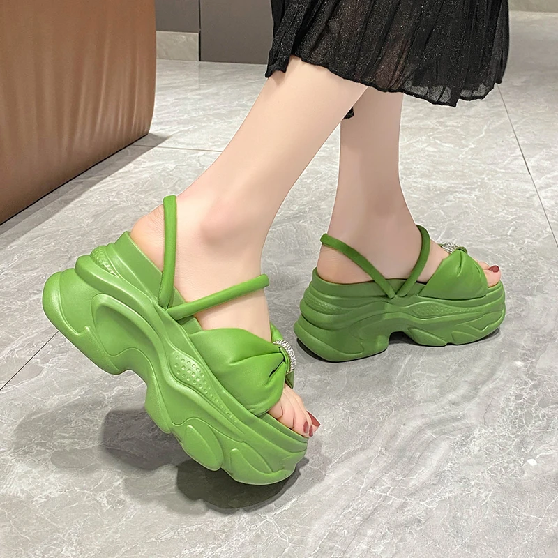 LazySea 9cm High Wedge Heels Slides Women Sandals Crystal Butterfly Knot Two Ways to Wearng Women Platform Slippers Outside Shoe