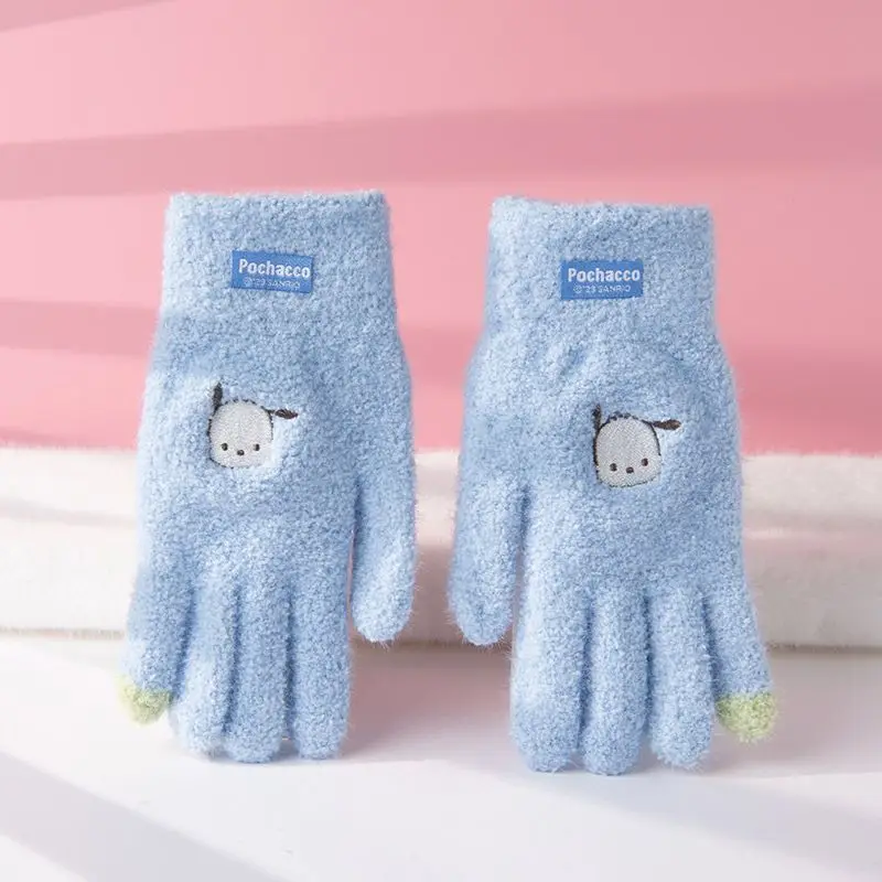 Sanrio cartoon Kuromi moja melodia Pochacco pięciopalczaste wełniane rękawiczki dla dziewczynek w zimie słodkie ciepłe rękawiczki z dzianiny z