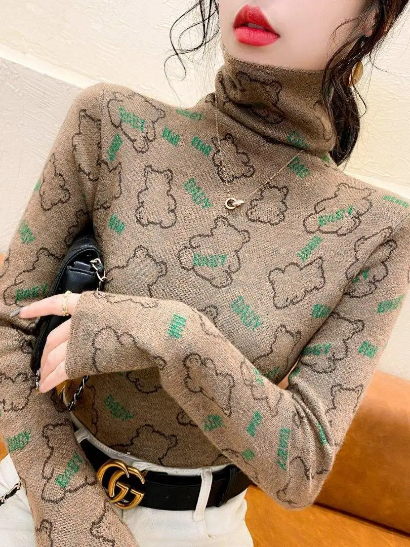 women's-slim-fit-half-high-collar-base-shirt-bear-pattern-knitted-top-casual-style-fashionable-autumn-winter-new-arrival