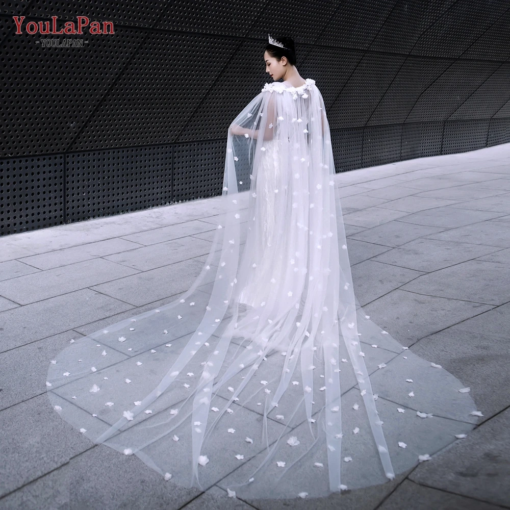 YouLaPan VG45 3D Flowers Wedding Dress Bolero Removable Bridal Cape DIY Long Cloak White Jacket Woman Wedding Cathedral Droped