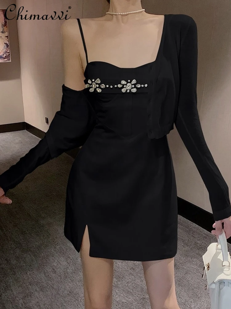 

French Hepburn Style Rhinestone Sleeveless High Waist Split Slim Fit Party Sling Mini Dress Black Cardigan Two-Piece Set Women