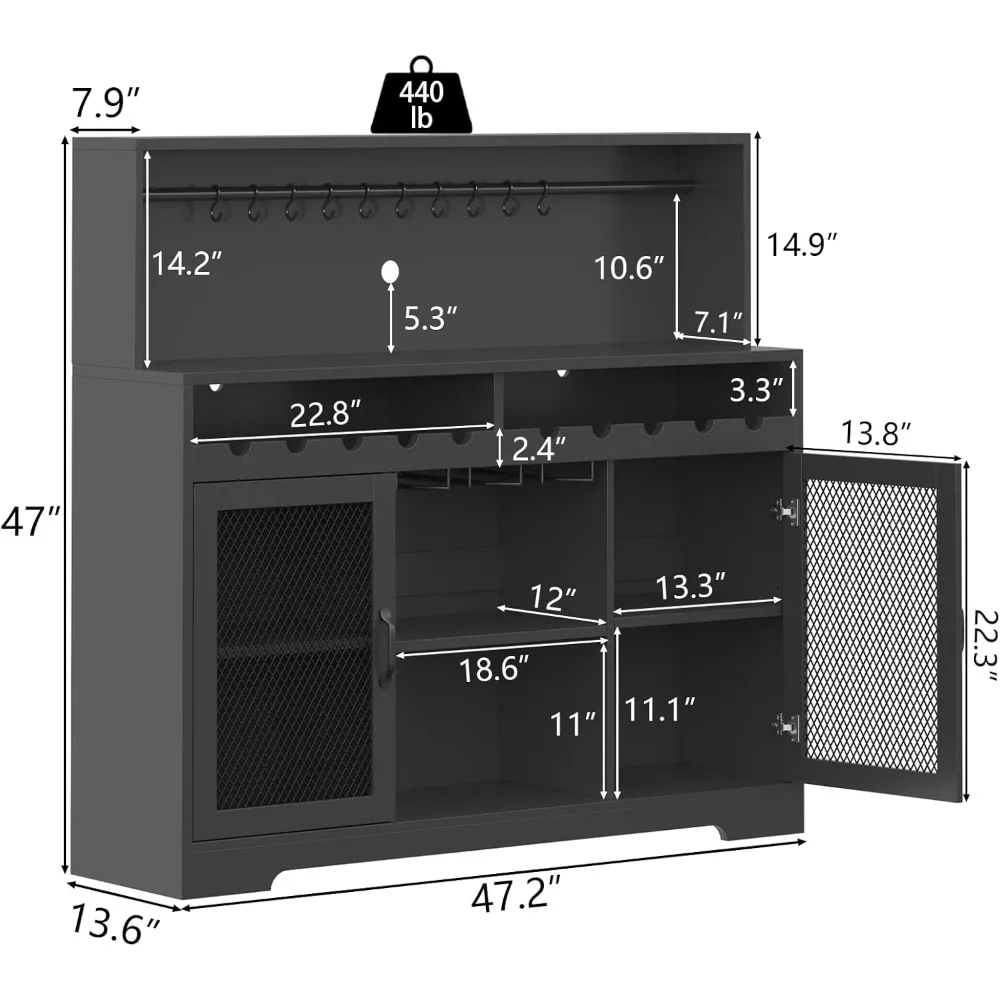 Gabinete de bar de vinos con luz LED Gabinete de licor con soporte de vidrio Gabinete de buffet de almacenamiento con estantes para vino