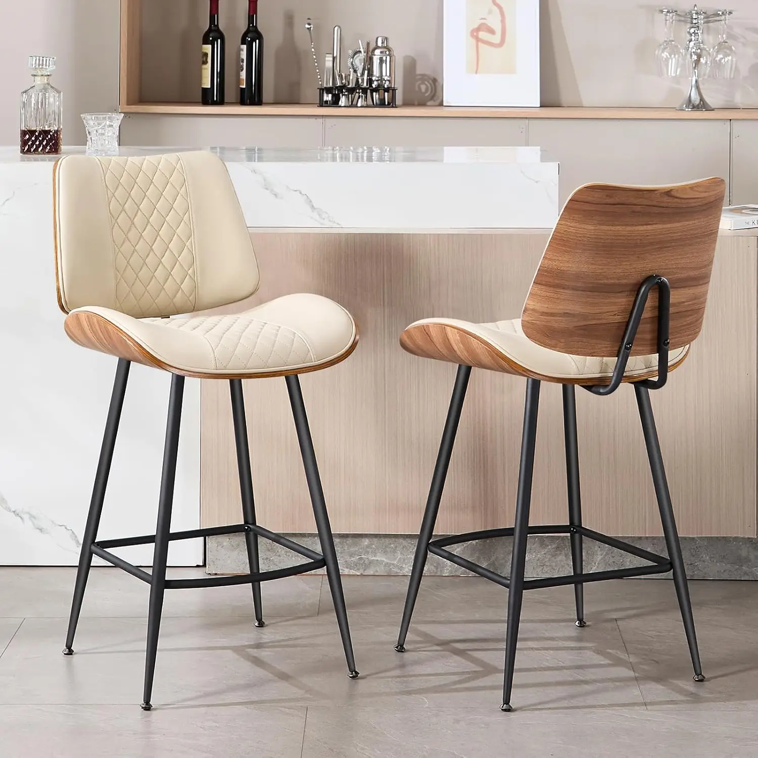 

Counter Height Barstools Set of 2, 26.9" Armless Stools with Metal Legs, Walnut Pub Chair in Modern Style, PU Leather Bentwoo