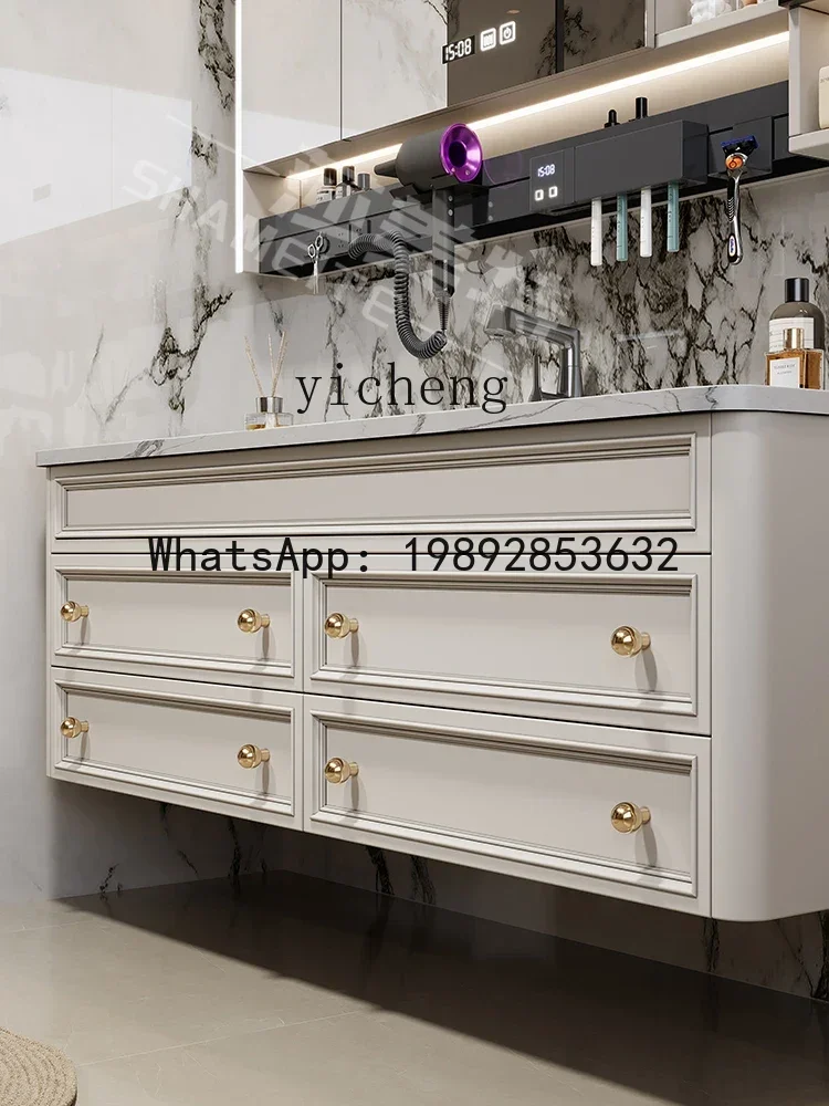 b2French Style Bathroom Cabinet Combination Stone Plate Hot Curved Bathroom Wash Basin Smart Mirror Cabinet Customization