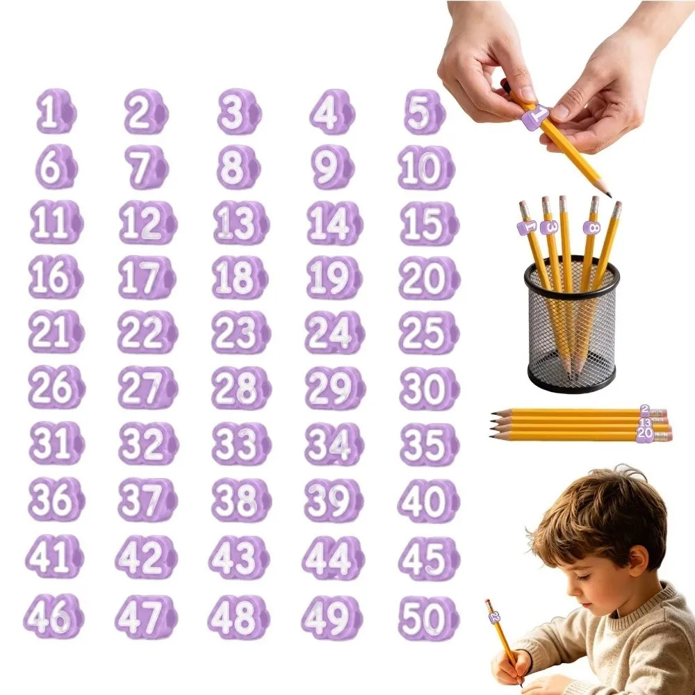 50pcs Soft Pencil Tracking Markers Silicone Cute Numbered Pencil Toppers Reusable Reusable Pencil Labels Stationery Organizing