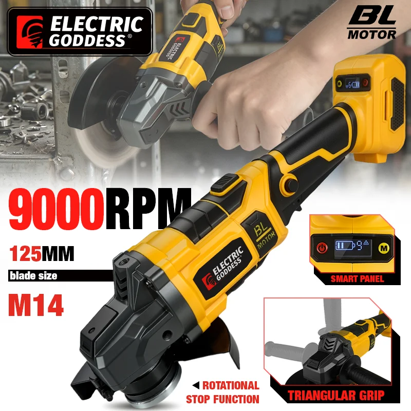 

125mm 9 Gears Brushless Angle Grinder Polishing Cutting Machine 180-Degree Rotating Head Power Tool for Dewalt 20v Battery Pins