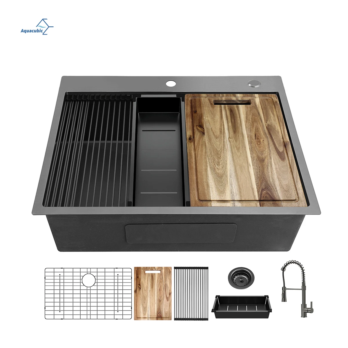 

USA Free Shipping 33" X 22" Drop in Kitchen Sink Gunmetal Black 304 Stainless Steel Topmount Workstation Sink with Faucet