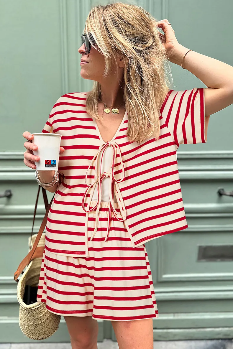 

2025 Fashion Stripe T-shirt + Shorts Casual Set For Women Summer Short Sleeve Lace Up Top And Shorts Two Piece Set Female Outfit