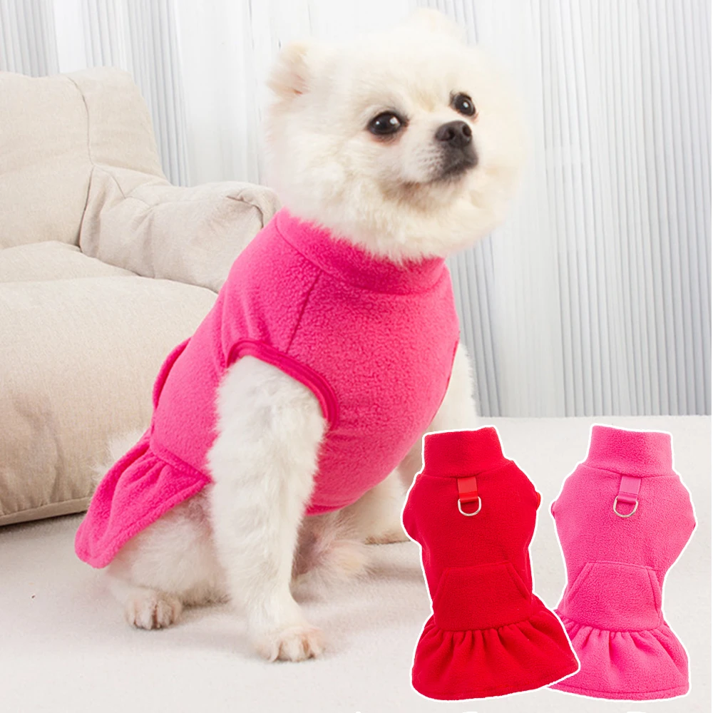 Lovely Pet Pullover Clothes Outfits with Tow Ring Collar Solid Dress Up Cotton Cute Dogs Pet Princess Dress for Outdoor Clothes