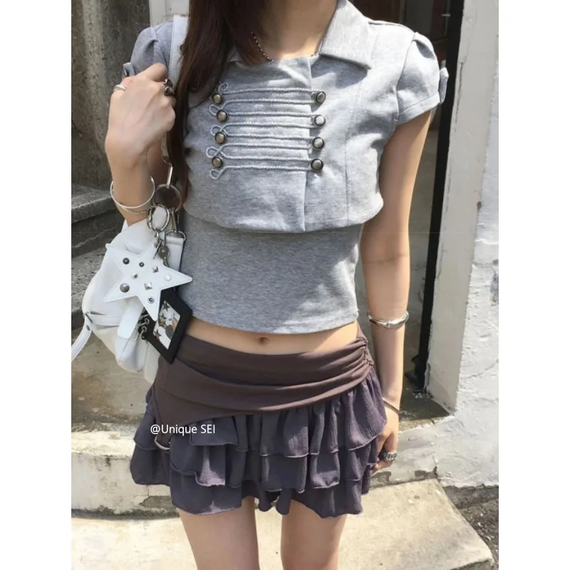 Korean Retro Contrast Color Patchwork Sexy Cake Skirt Women 2026 Summer High Waist Pleated Casual Mini Skirt