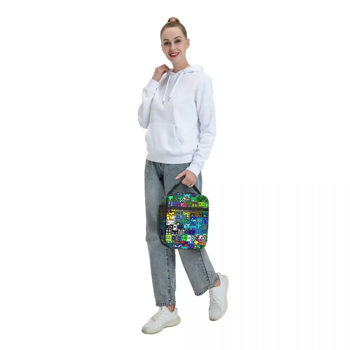 Geometry Cube Gaming Dash Pattern Insulated Lunch Bags Portable Reusable Cooler Bag Tote Lunch Box Beach Picnic Girl Boy