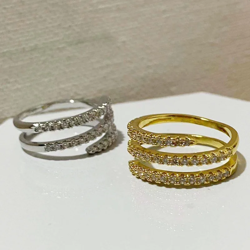 Wrap Ring Set with Cubic Zircon Ins Style Internet Celebrity Three-row Ring for Women Thin Joints Single Zircon Row Glass Tail