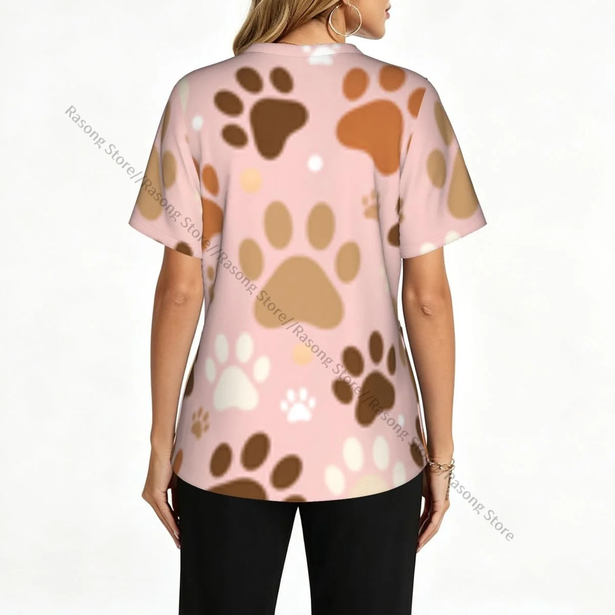 Women's Scrub Tops Short Sleeve Workwear Shirts Nursing Uniform Colorful Paws Of Cats Dogs Footprints Pullover Doctor Shirt