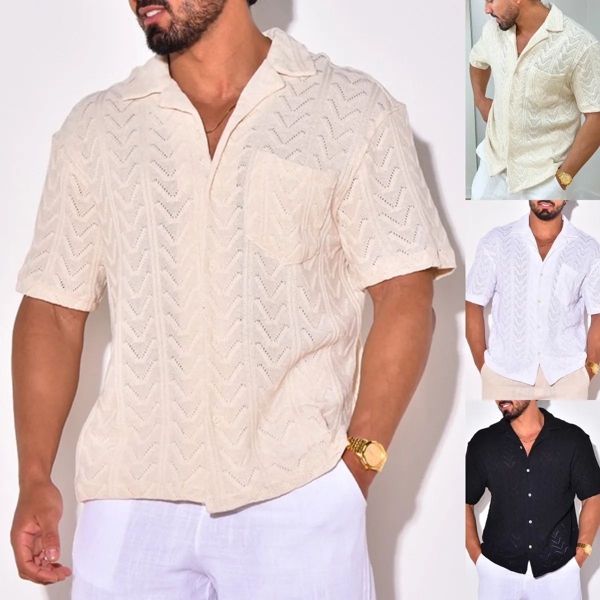 Mens Jackets Summer Knitted Short-sleeved Loose T-shirt Street Fashion Casual Shirt Men