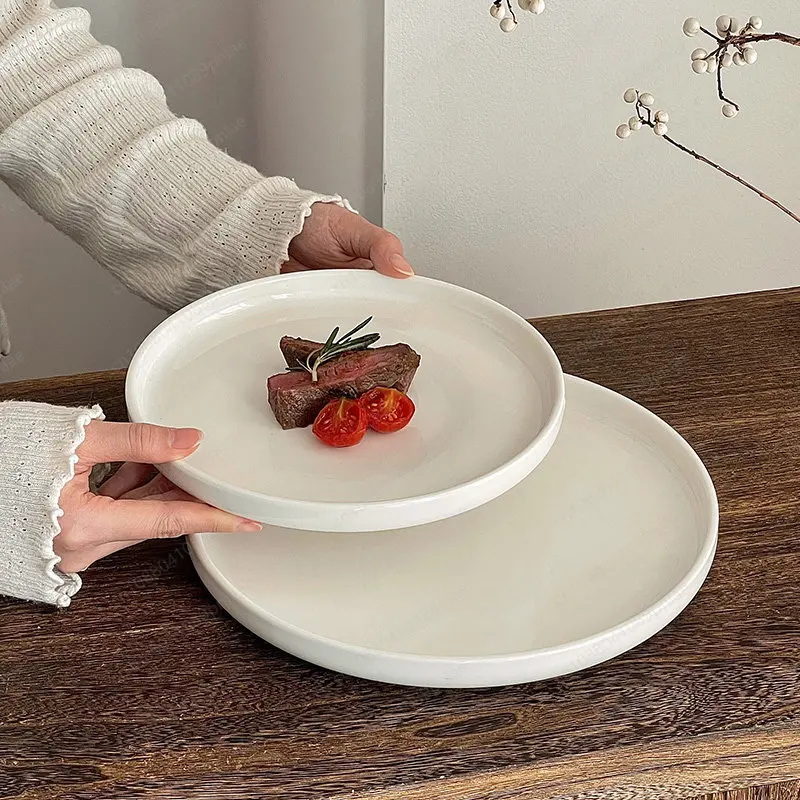 Premium Ceramic Steak Plate, Western Pasta Special Plate, White Round Shallow Fruit Plate