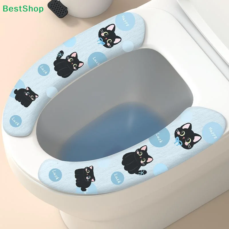 〔Q〕1 Pair Cute Black Cat Printed Soft Warm Toilet Seat Cushion Pads Fits Most Standard Toilets For Home Bathroom Use
