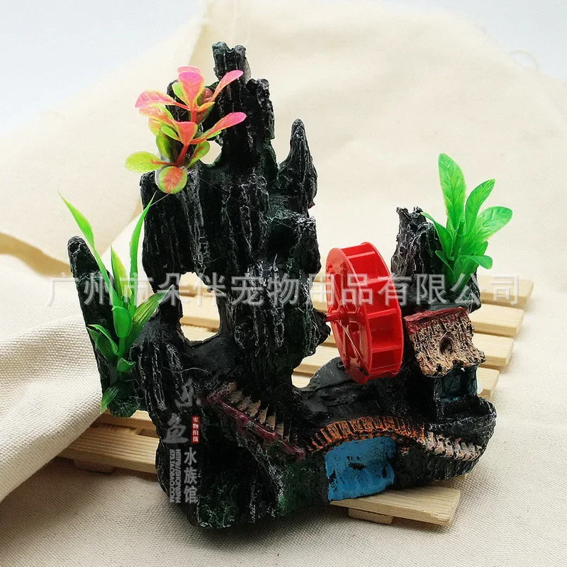 Aquarium Aquarium Fish Tank Ornament Resin Artificial Mountain Stone Windmill Air Pick-up Pump Can Turn The Water Wheel