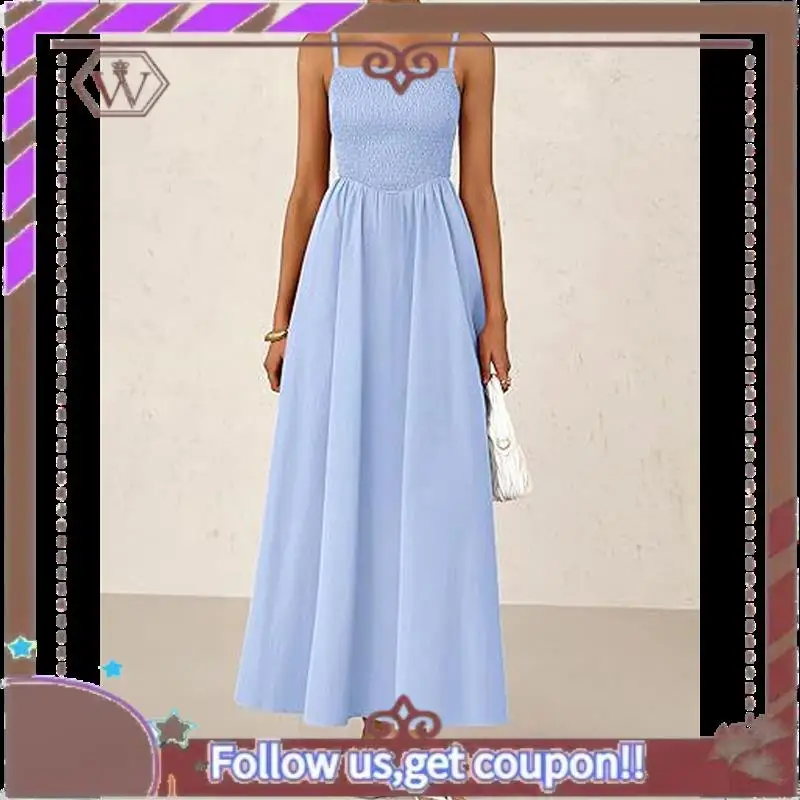 A95D-Vestidos largos de verano para mujer, vestido veraniego para la playa, vestido informal con tirantes finos y vuelo ahumado, vestido largo y fluido