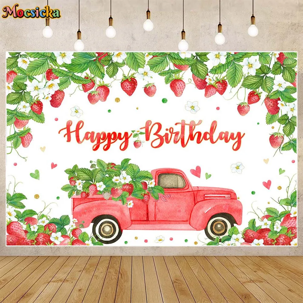 

Mocsicka Strawberry Child Birthday Background Red Car Green Leaves Girl Birthday Party Decor Backdrop Banner Photo Studio Props