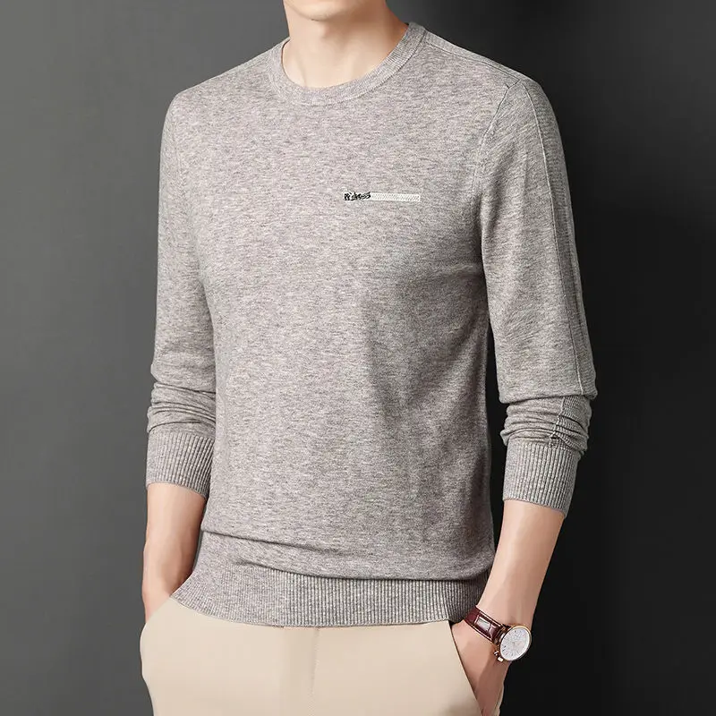 

Spring Autumn Solid Color T-shirts Knitted Round Neck Men's Clothing Fashion Patch Designs Casual Long Sleeve Basic Pullovers