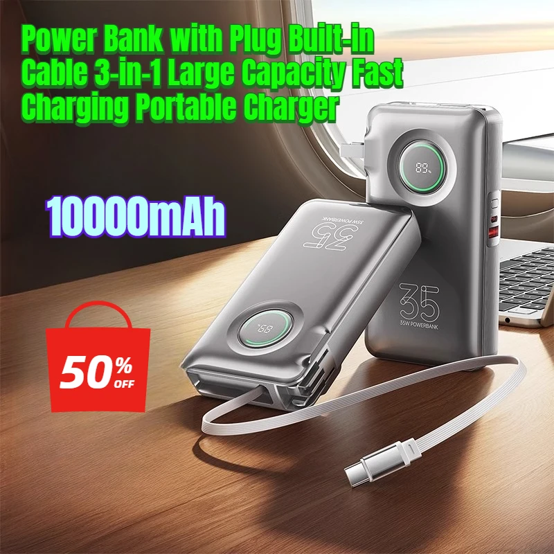 

10000mAh Power Bank with Plug Built-in Cable 3-in-1 Large Capacity Fast Charging Portable Charger