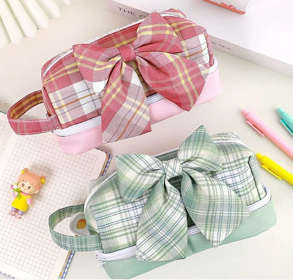 

Large Capacity Canvas Grid Pencil Case Big Bowknot Pencil Cases Pen Case Students Stationery Pencil Bags School Office Supplies