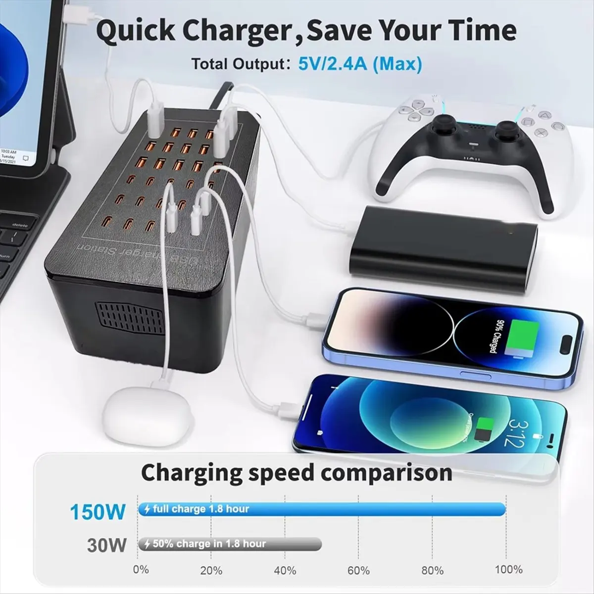 150W 30Port 15C 15A Charger HUB Wall Desktop Fast Charging Station for Mobile Phone Power Adapter Ho