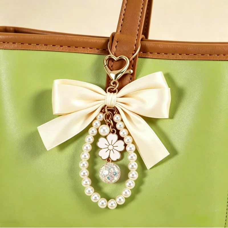 Imitation Pearl Keychain Sweet Fashion Ribbon Bowknot Keyring Accessories Metal Buckle Women Bag Charms Best Gifts Jewelry