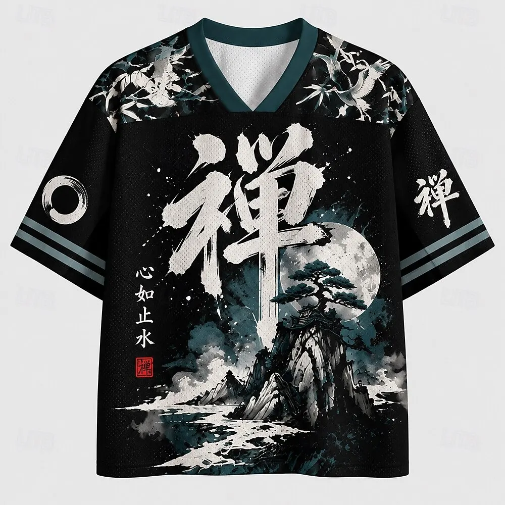 Oriental Zen Calligraphy V-Neck Mesh Tee for Men Women Vintage Ink All Over Print Top Asian Style Casual Party Holiday Clothing