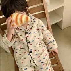 Children Turndown Collar Pajama Sets Toddler Kids Cartoon Cute Cotton Pyjamas Set Cardigan Sleepwear Children’s Clothing