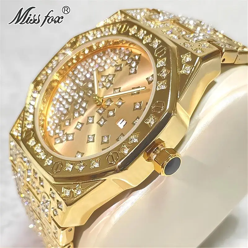 Orologio da uomo di lusso Replica MISSFOX Fashion Hip Hop Diamond orologi per uomo con spedizione gratuita in acciaio inossidabile impermeabile oro