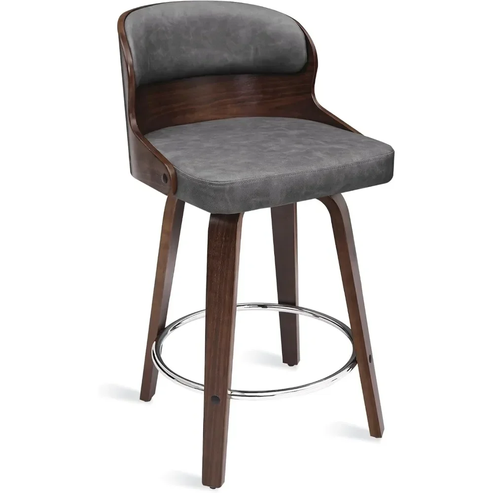 Kursi Bar 26 inci dengan punggung padat, finishing Walnut dan kursi kulit imitasi, konter tinggi Barstool Set 4