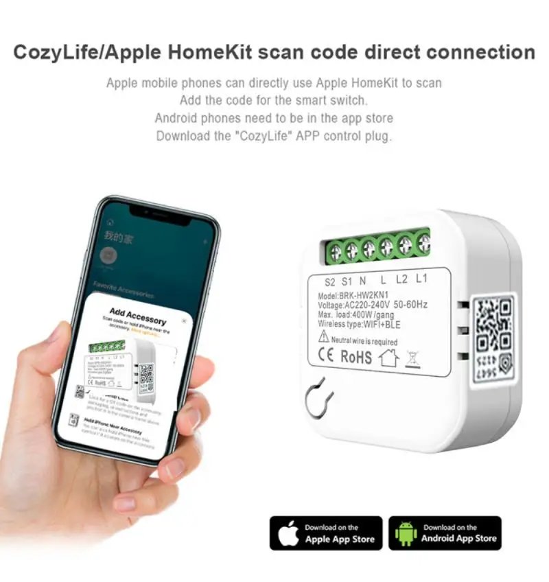 Apple Homekit Cozylife WiFi Mini Smart Switch 2 Gang DIY 2-Way Control Smart Switches Breaker Module Work With Alexa Google Home