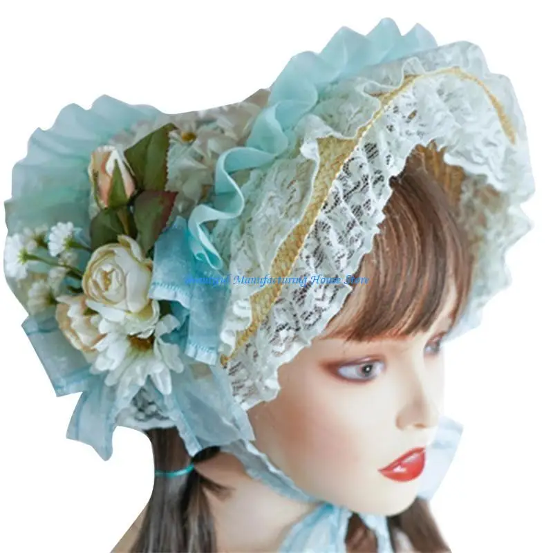 

E56A Lace Fascinators For Women Lolit Straw Hat Teas Party Sun Hat Victorian Bonnet